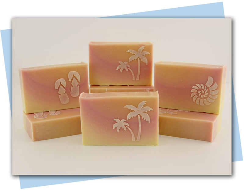 yellow to pink to peach ombre with a beach themed stencil bars of soap