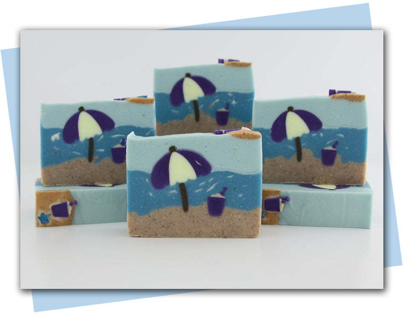 beach scene soap with beach umbrella and pail with shovel