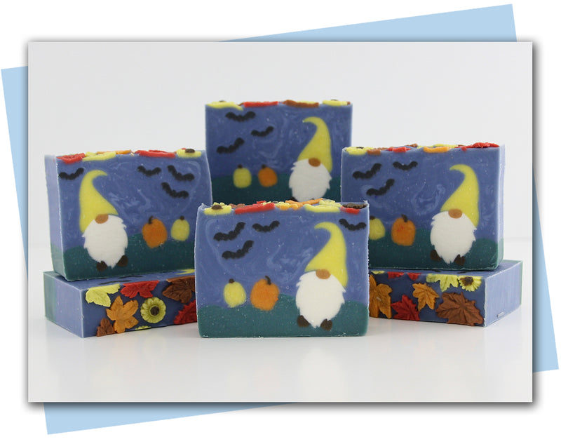 bars of soap with a gnome, pumpkin, and bats in the design