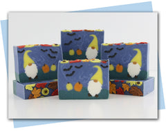bars of soap with a gnome, pumpkin, and bats in the design