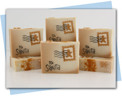 bar of soap made to look like a letter with gingerbread postage stamp and to santa stamp