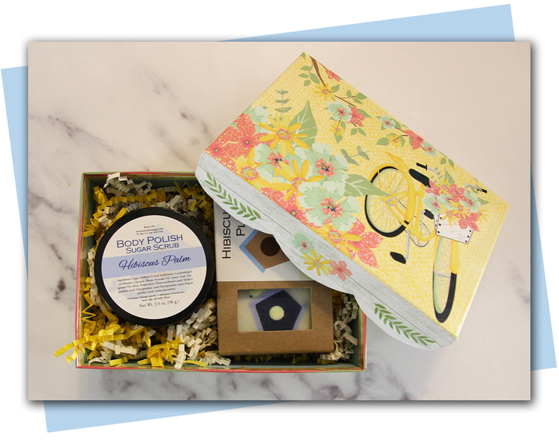 gift set in spring themed gift box with a soap and sugar scrub