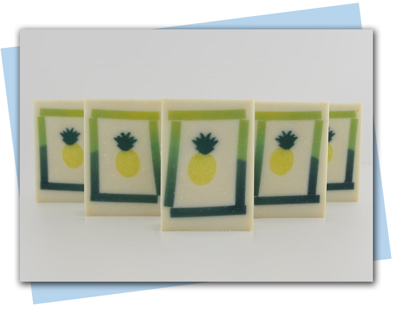 Pineapple embeded in bar of soap with an ombree green frame
