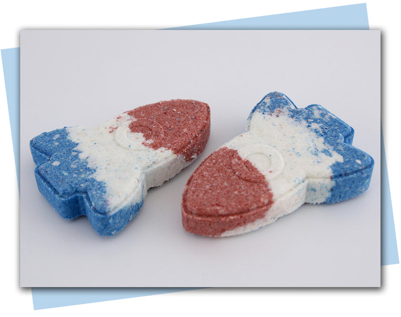 Rocket shaped bath bombs in red blue and white