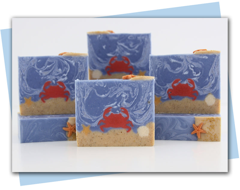 Crab sitting on bottom of ocean floor with shells in the ocean bars of soap