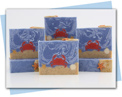Crab sitting on bottom of ocean floor with shells in the ocean bars of soap
