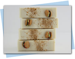 Fast food themed bars of soap with hamburger, fries, drink, hotdog, and ice cream embeds