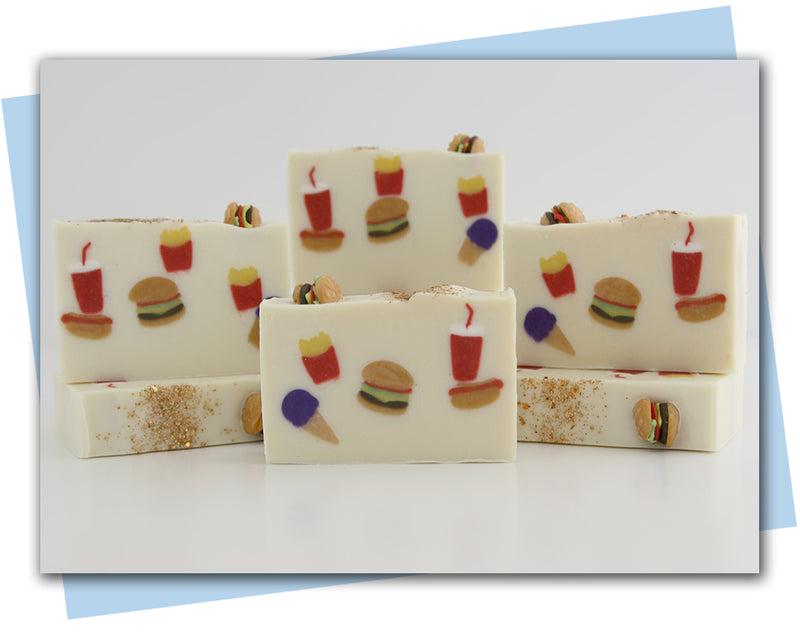 Fast food themed bars of soap with hamburger, fries, drink, hotdog, and ice cream embeds