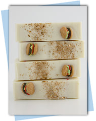 Fast food themed bars of soap with hamburger, fries, drink, hotdog, and ice cream embeds