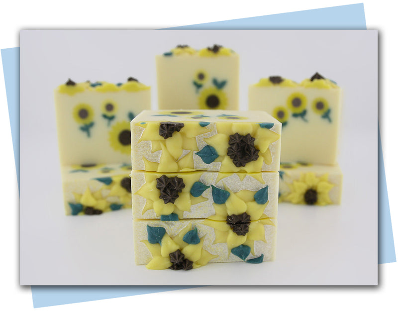 bar soap with sunlower embeds and piped sunflowers on top