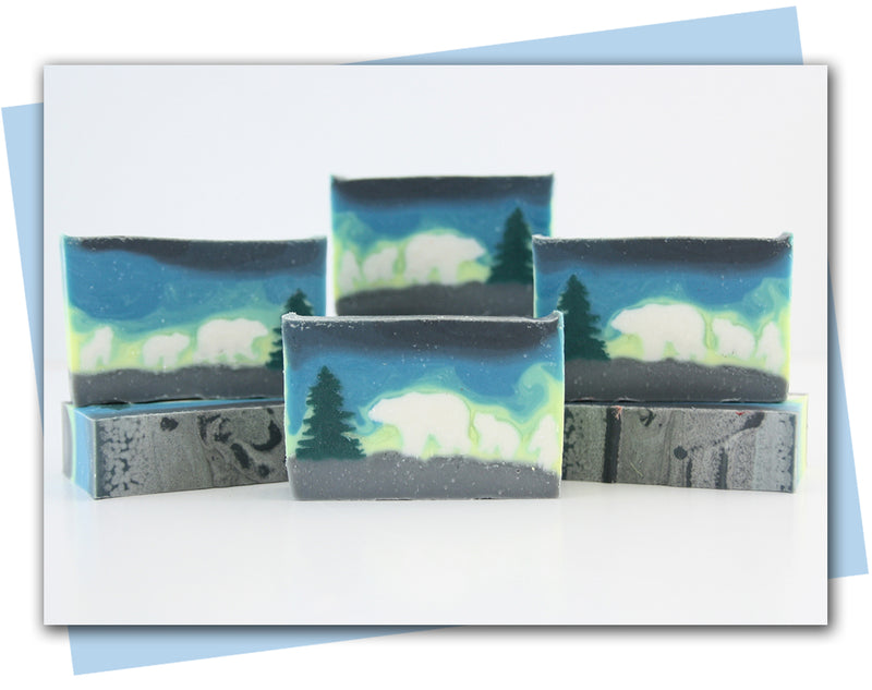 Polar bear with cubs in a forest with ombre sunset sky design