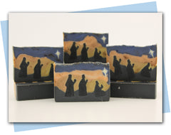 three wise men with north star soap design. Blue/orange/yellow/black gradient.