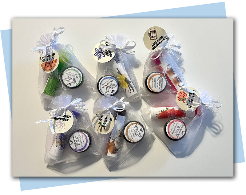 lip balm and lip scrub packages in a gift set organza bag