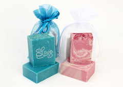 Wedding Favors: half bars of soap packaged in organza bags
